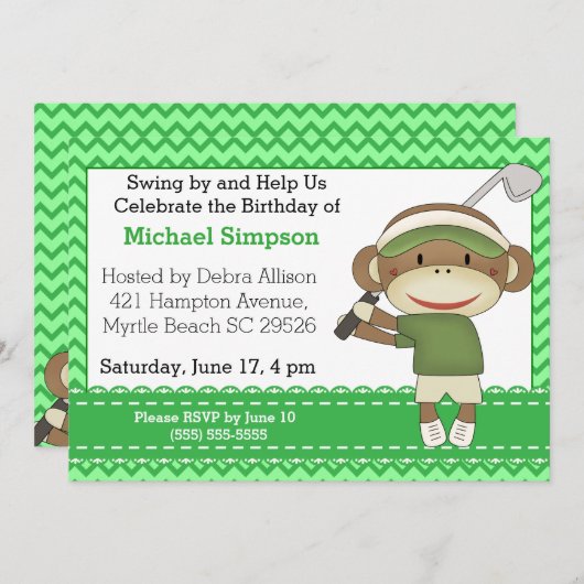 ソックモンキーゴルフ誕生日招待状 招待状 (正面/裏面)