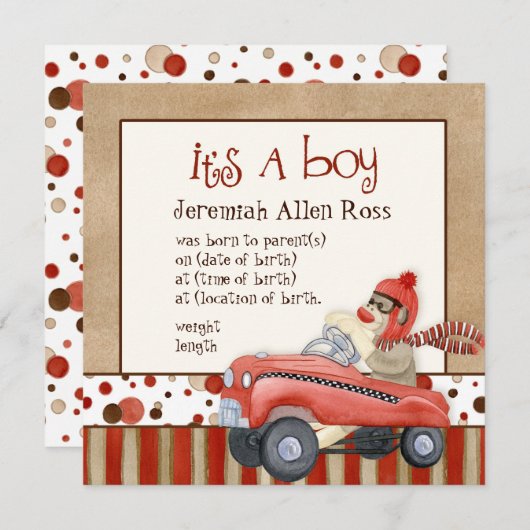 ソックモンキーペダル車、男の子のベビー誕生の発表 招待状 (正面/裏面)