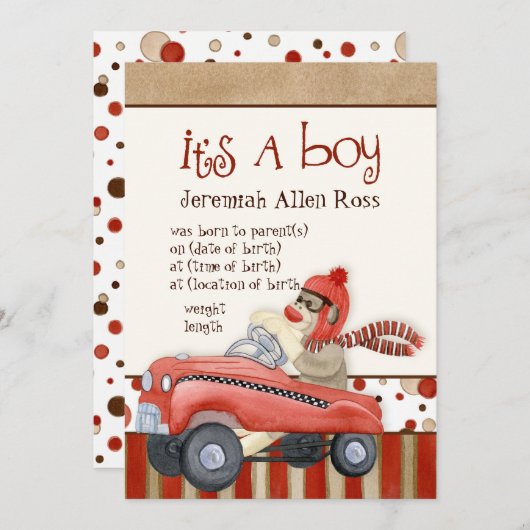 ソックモンキーペダル車、男の子のベビー誕生の発表 招待状 (正面/裏面)