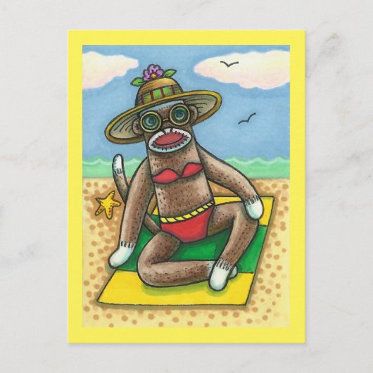 ソックモンキーレッドBIKINI、ビーチ漫画おもしろい ポストカード (正面)