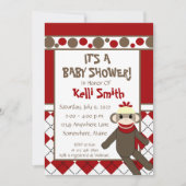 ソックモンキー赤と白ベビーシャワー招待状 招待状 (正面)