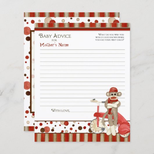 ソックモンキー、三輪車、男の子の赤ちゃんシャワーアドバイス (正面/裏面)