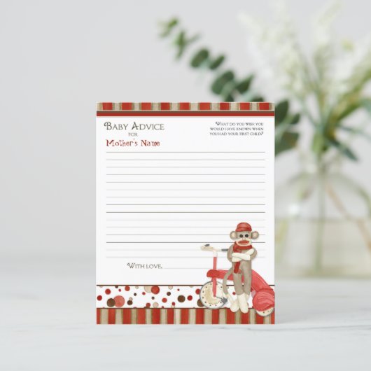 ソックモンキー、三輪車、男の子の赤ちゃんシャワーアドバイス (スタンド正面)