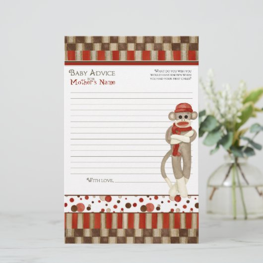 ソックモンキー、三輪車、男の子の赤ちゃんシャワーアドバイス (スタンド正面)