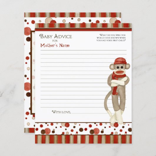 ソックモンキー、三輪車、男の子の赤ちゃんシャワーアドバイス (正面/裏面)