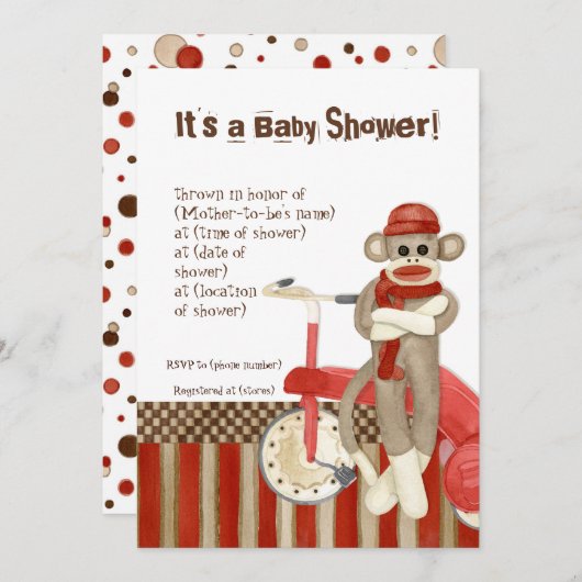 ソックモンキー、三輪車、男の子の赤ちゃんシャワー招待状 招待状 (正面/裏面)