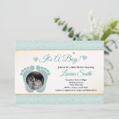 ソノグラム赤ちゃんシャワー招待状男の子、青い足指 招待状 (スタンド正面)