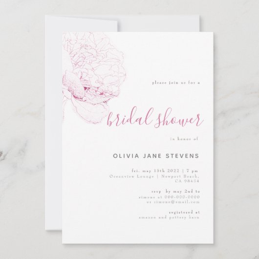 ソピンクピーニーエレガントフローラスケッチブライダルシャワー 招待状 (正面)