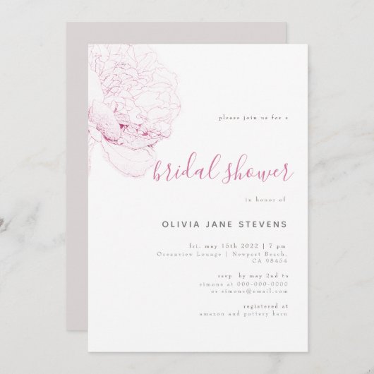 ソピンクピーニーエレガントフローラスケッチブライダルシャワー 招待状 (正面/裏面)