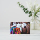 ソファで寝るペットの座る仕事犬 名刺 (スタンド正面)