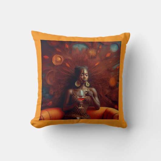 ソファで飲み物を飲む女性 クッション (正面)