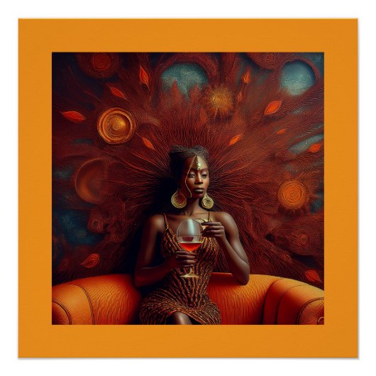 ソファで飲み物を飲む女性 ポスター (正面)