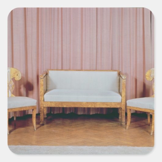 ソファと2つの椅子、カレリアン樺の木、1810-20 スクエアシール (正面)