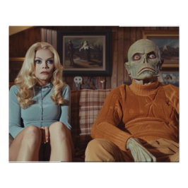 ソファに座った70年代の怪物と女 フォトプリント           