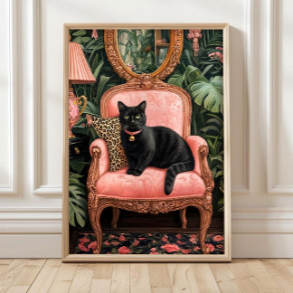 ソファに座るトロピカルブラックキャットのポスター印刷、面白い黒猫グッズ ポスター