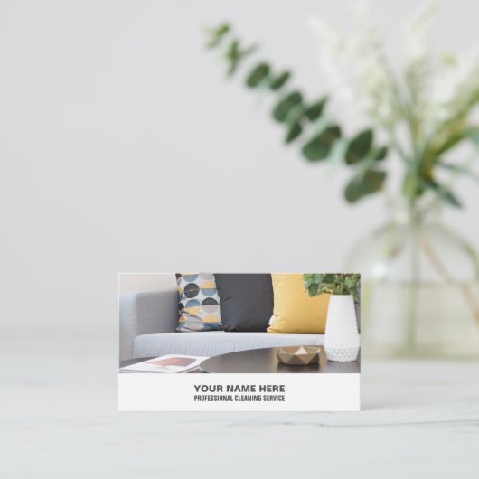 ソファのクッション、清掃サービス 名刺 (スタンド正面)
