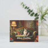 ソファのヴィンテージクリスマスキャット、クリスマスツリー シーズンポストカード (スタンド正面)