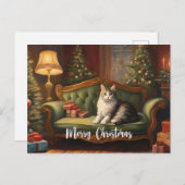 ソファのヴィンテージクリスマスキャット、クリスマスツリー シーズンポストカード (正面/裏面)