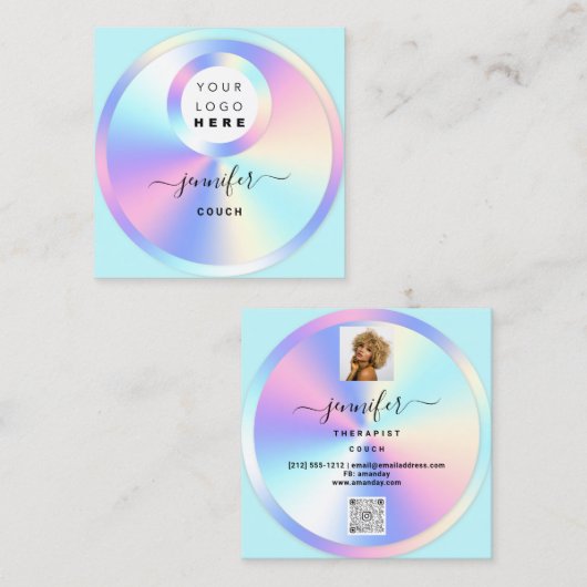 ソファセラピストホログラフQRコードロゴフォトアクア スクエア名刺 (正面/裏面)