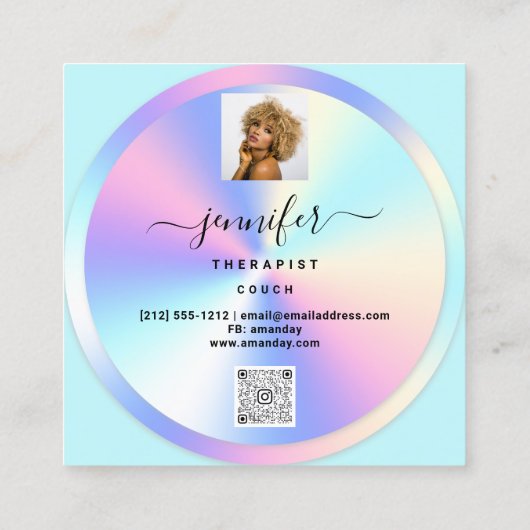 ソファセラピストホログラフQRコードロゴフォトアクア スクエア名刺 (裏面)