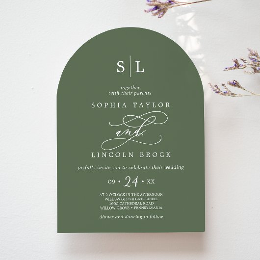 ソフィアアーチモノグラムウッドランドオリーブグリーン結婚ズ 招待状