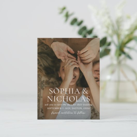 ソフィア写真モダン結婚式の日付の保存 案内ポストカード (スタンド正面)