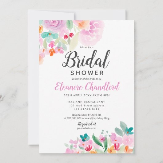 ソフトかわいらしパステルフローラ水カラーブライダルシャワー 招待状 (正面)