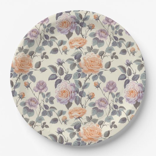 ソフトかわいらし薄紫及びオレンジフローラデザイン ペーパープレート (正面)