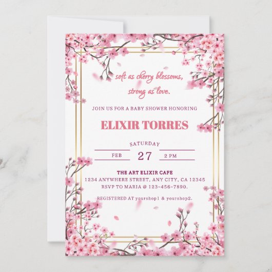ソフトさくらんぼブロッサム桜ベビーシャワー 招待状 (正面)
