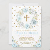 ソフトでほこりっぽい青と金の花の洗礼・キリスト洗礼 招待状 (正面)