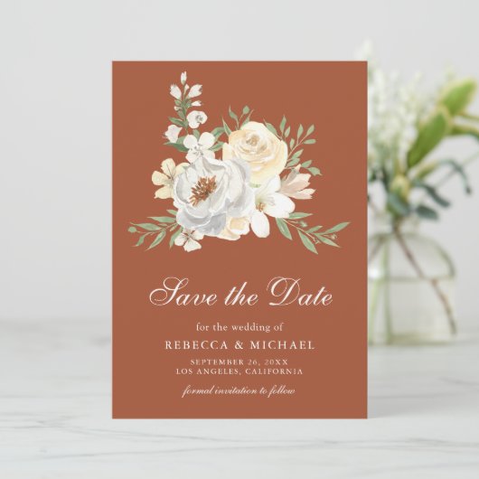 ソフトでアースな桃の花のテラコッタウェディング セーブザデート (スタンド正面)