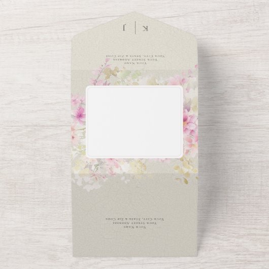 ソフトでセージなロマンティックハート ヴィンテージフラワーのないディナー オールインワン招待状 (外側)