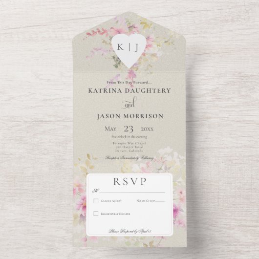 ソフトでセージなロマンティックハート ヴィンテージフラワーのないディナー オールインワン招待状 (内側)