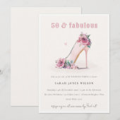 ソフトでファビュラスな50のバラ色ハイヒール フラワーデザイン 誕生日 招待状 (正面/裏面)