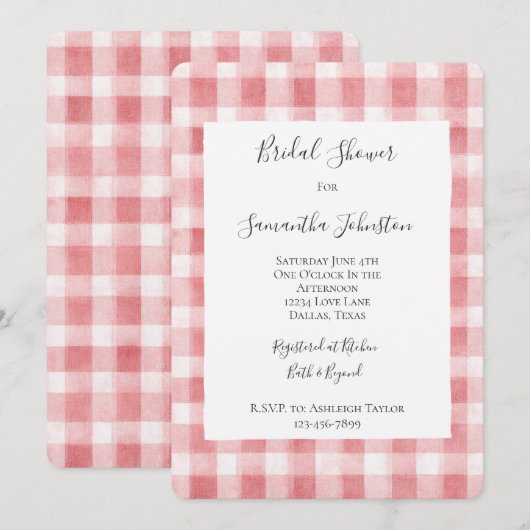 ソフトでフェミニンなピンクとホワイトのチェック柄ストライプのブライズシャワー 招待状 (正面/裏面)