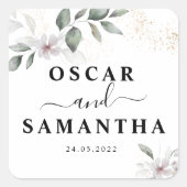 ソフトで優しい緑の水彩画の葉と花 | ゴールド スクエアシール (正面)