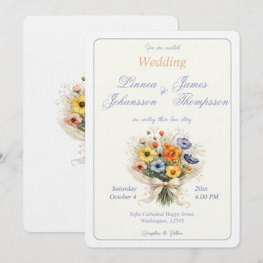 ソフトで優雅なアイボリーとダスティブルーの結婚式 招待状 (正面/裏面)