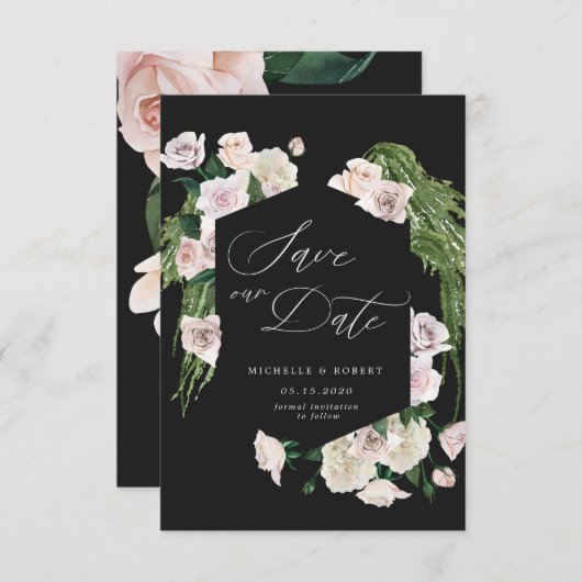 ソフトで優雅なブッシュローズのSave The Dateカード 招待状 (正面/裏面)