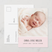 ソフトで淡いピンクの 出生発表 フォト ポストカード (正面/裏面)