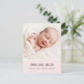 ソフトで淡いピンクの 出生発表 フォト ポストカード (スタンド正面)