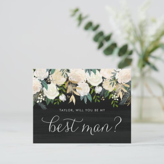 ソフトなアイボリーの花のルスティックスタイル　あなたが私のベストマンになってくれますか インビテーションポストカード (スタンド正面)
