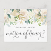 ソフトなアイボリーの花柄 あなたは私のマトロンの名誉に? インビテーションポストカード (正面)