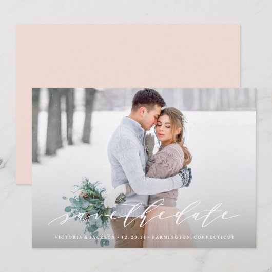 ソフトなカリグラフィーでお知らせする結婚の記念写真 招待状 (正面/裏面)