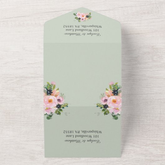 ソフトなグリーンのウェディングにぴったりなバラの花束 オールインワン招待状 (外側)