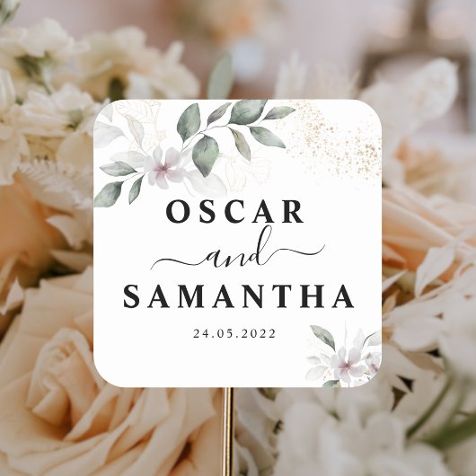 ソフトなグリーンの水彩画の葉と花 | ゴールド スクエアシール