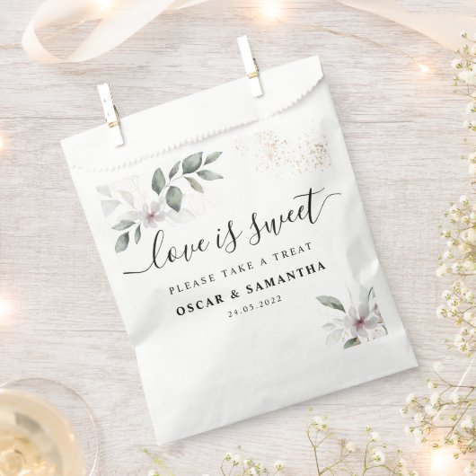 ソフトなグリーンの水彩画の葉と花 | ゴールド フェイバーバッグ (クリップ留めされた状態)