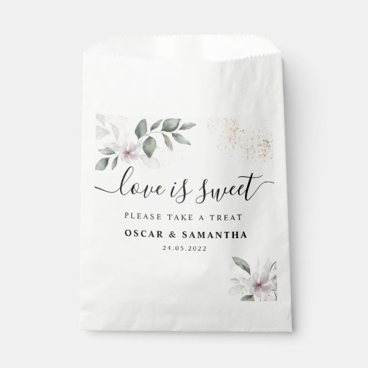 ソフトなグリーンの水彩画の葉と花 | ゴールド フェイバーバッグ (正面)