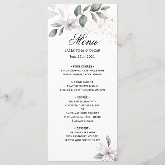 ソフトなグリーンの水彩画の葉と花 | ゴールド メニュー (正面)