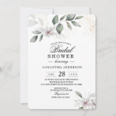 ソフトなグリーンの水彩画の葉と花 | ゴールド 招待状 (正面)