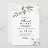 ソフトなグリーンの水彩画の葉と花 | ゴールド 招待状 (正面)